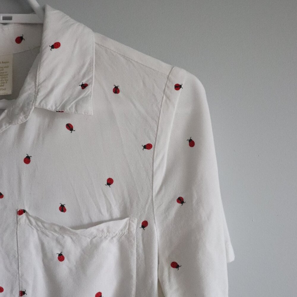 Japna Ladybug Button-Down Collared Blouse Red White Top Size S - Picture 8 of 14